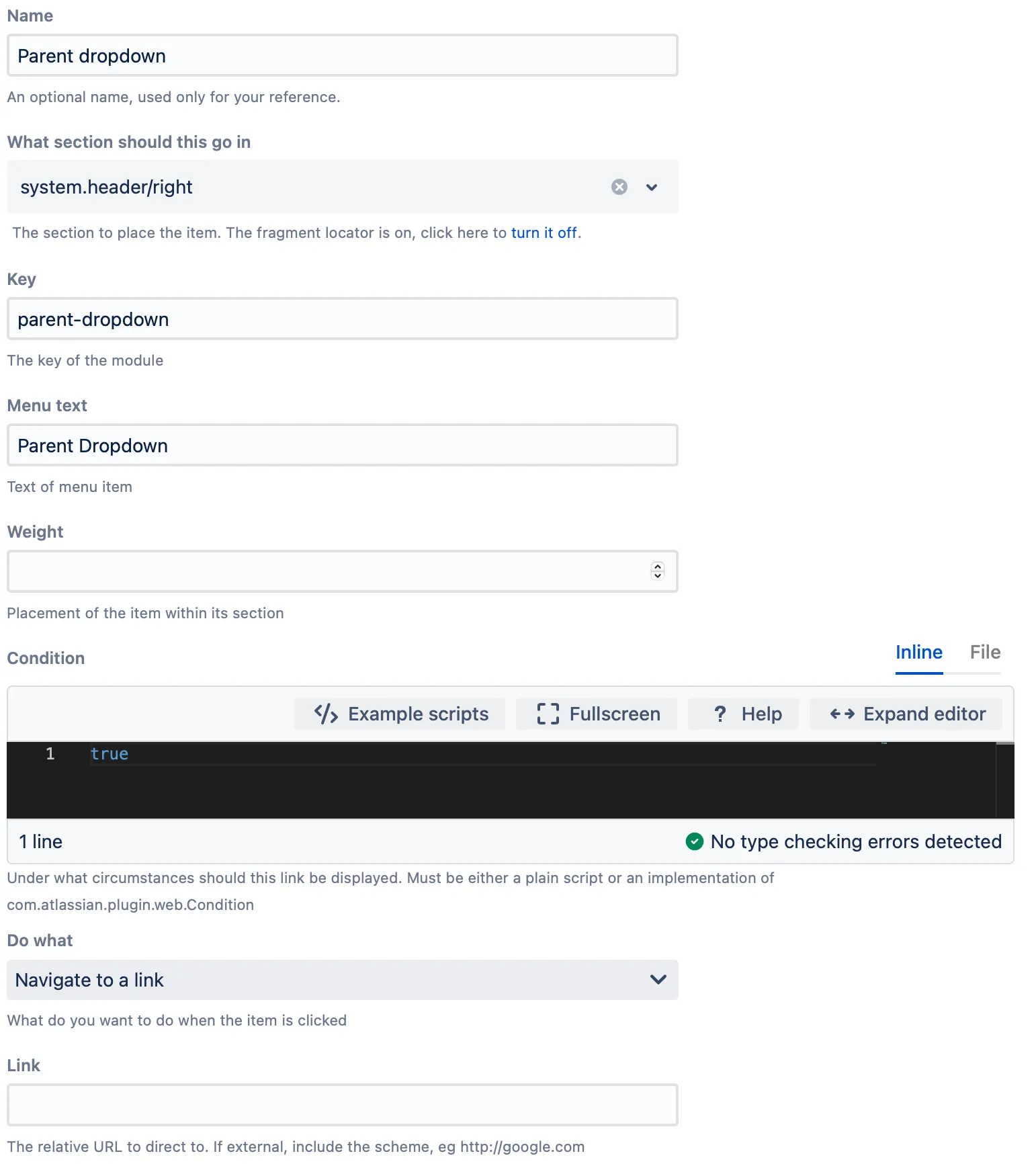 A Custom Web item form with example content.