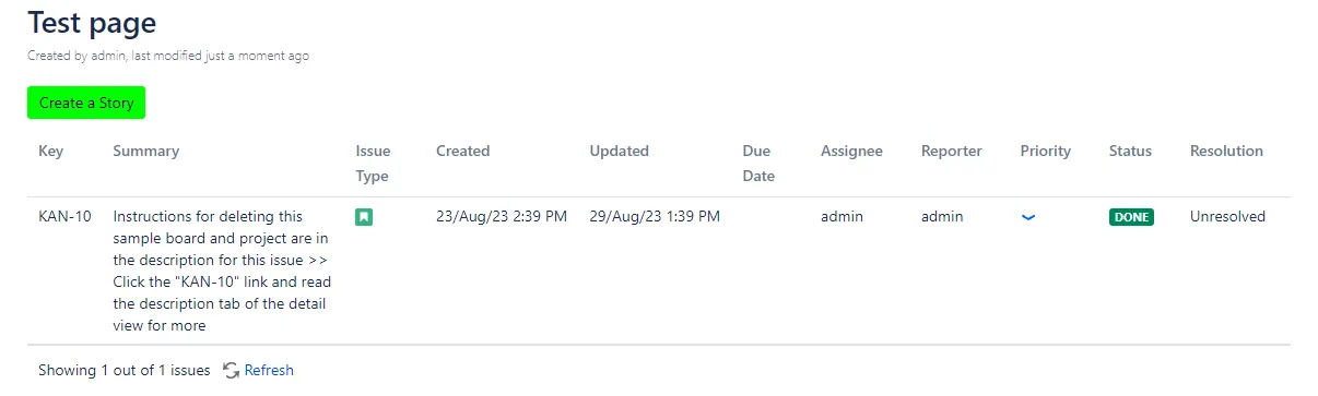 Confluence page showing the TMC Create Issue and TMC List macros with a Story issue listed and a Create a Story button