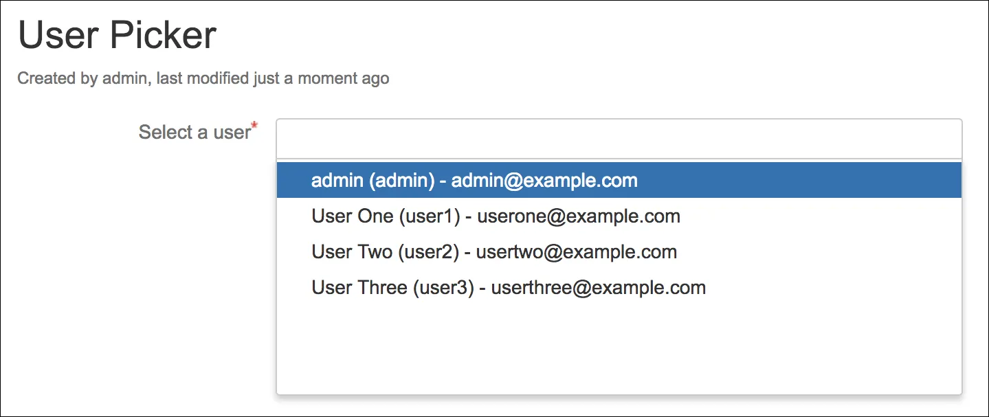 Example of the User Picker macro showing a dropdown list of space users with a search field.