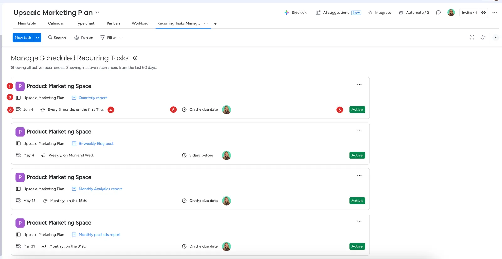 Recurring Tasks Management Panel showing a list of scheduled recurring tasks with task name, board, due date, recurrence details, next add date, and status.