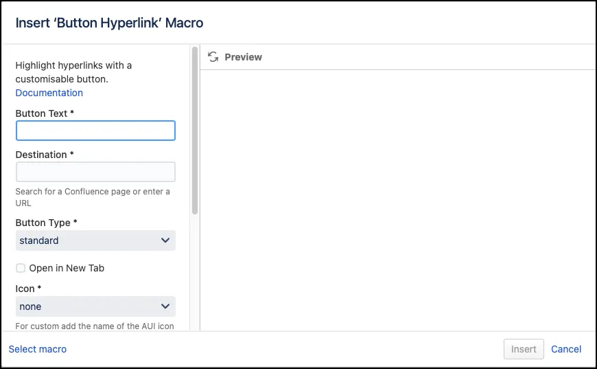 Macro Browser showing the Button Hyperlink macro selected with its configuration options