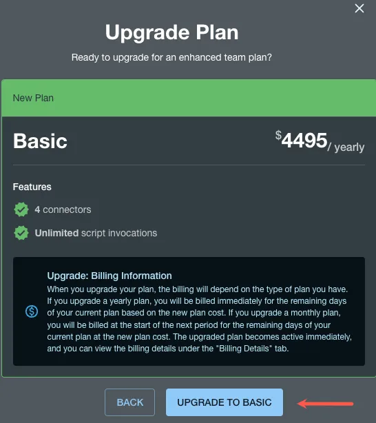 The Upgrade Plan screen with the Upgrade to Basic option shown.