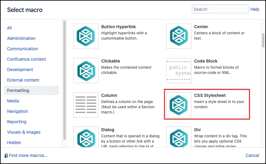 Macro Browser showing the CSS Stylesheet macro selected