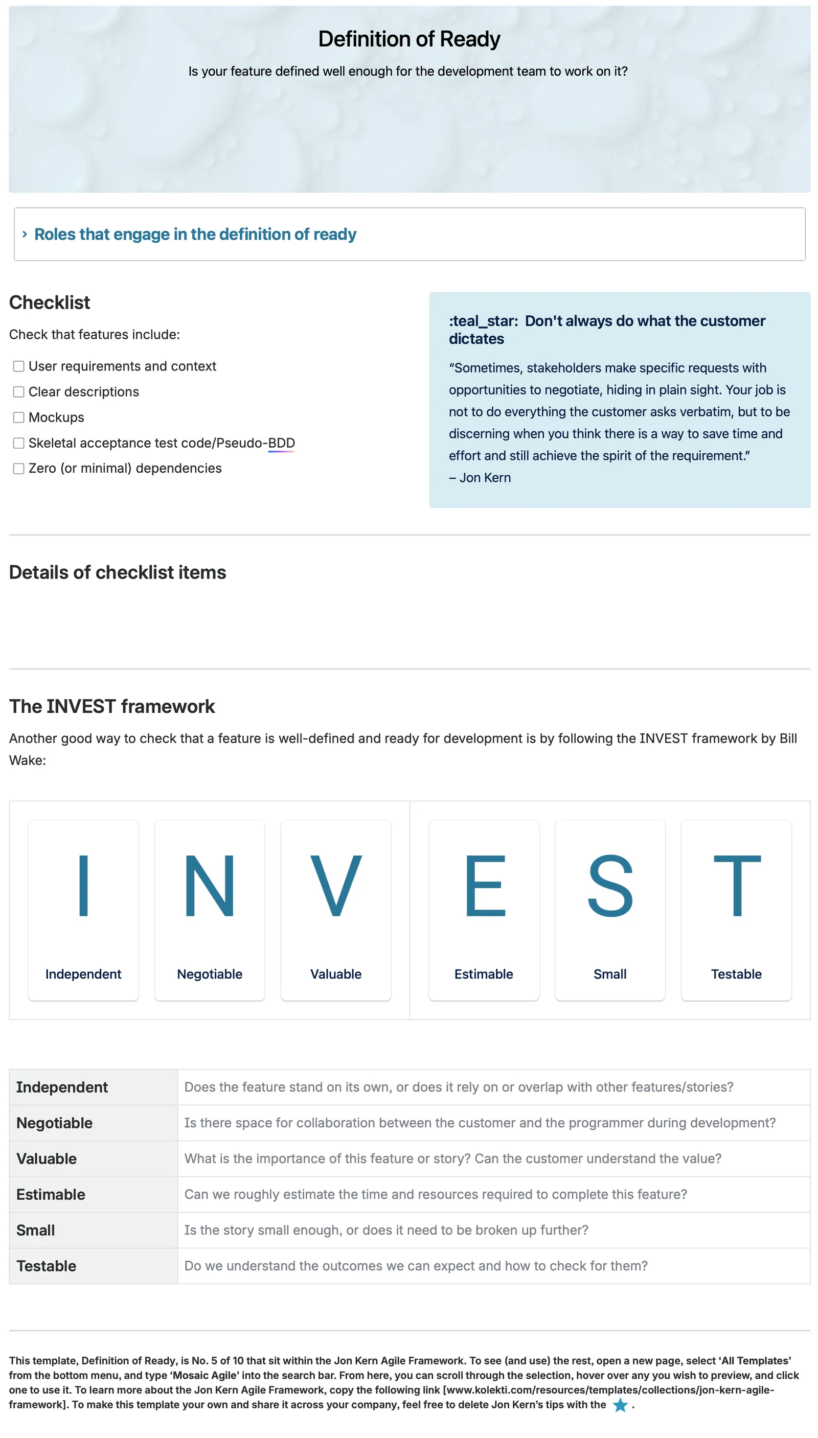 Published Agile definition of ready template