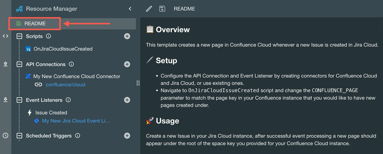 The README section of the Resource Manager is highlighted.