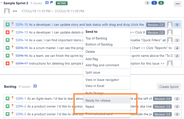 Context menu on a Jira Scrum or Kanban board showing a custom Board Context Menu Item added above the Print selected card option.
