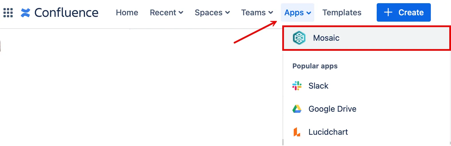 Confluence top navigation bar with the Apps menu open and Mosaic app highlighted