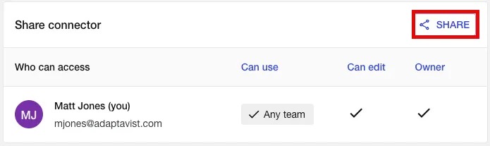 The Share option highlighted on the Manage Connector screen.