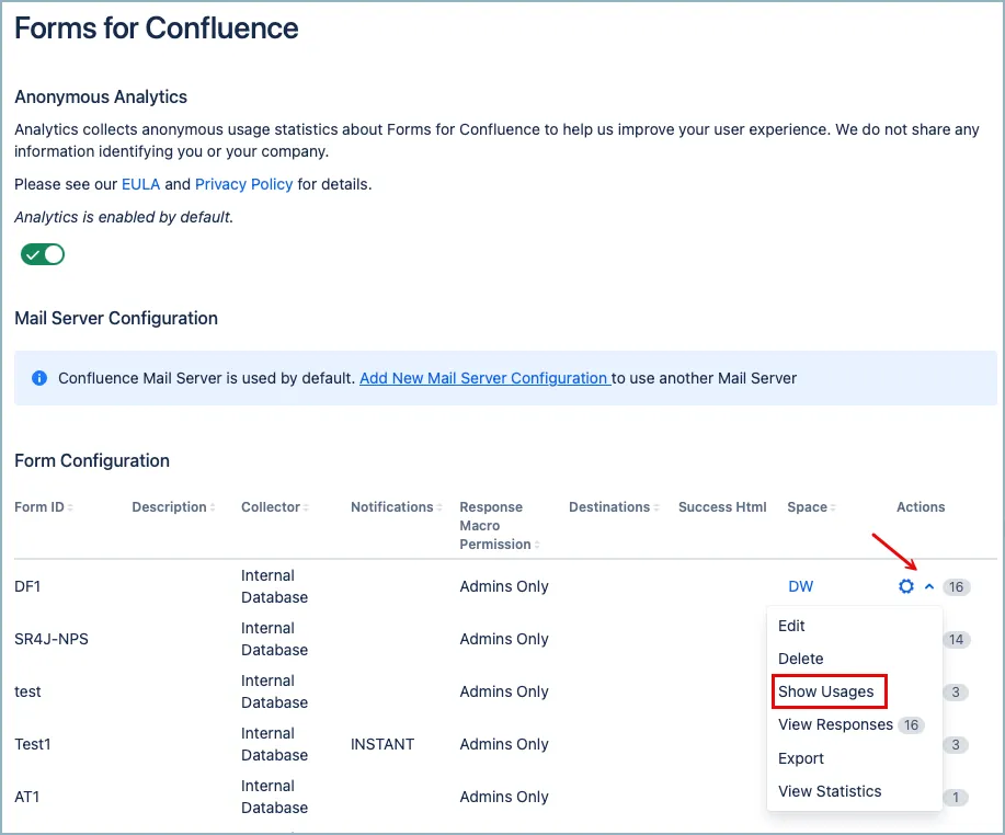 Show Usages option highlighted in the Forms for Confluence configuration, displaying where a selected Form ID is used in Confluence pages.