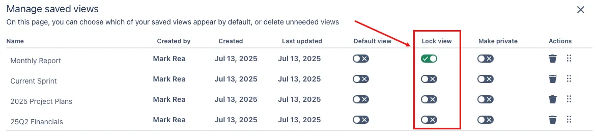 A screenshot showing the Lock view toggle buttons for each view in the Manage Saved Views modal window.