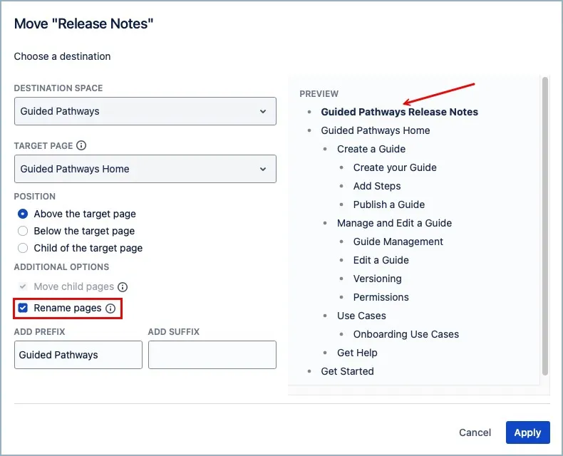 Rename pages options dialog showing Rename pages checkbox, Add Prefix and Add Suffix fields, and preview of the updated page title