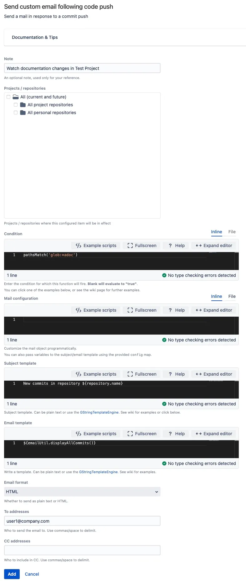 Example configuration of the post-receive email hook.