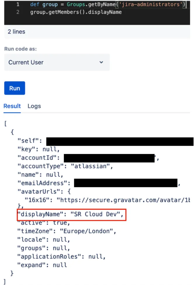 Example of retrieving all members of a group in the ScriptRunner console