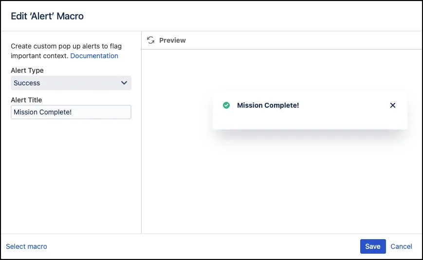 Confluence alert macro editor showing fields for alert type, title, and message body