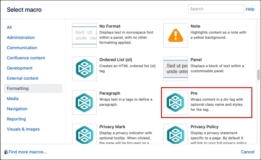 Macro Browser showing the Pre macro selected in the list of available macros
