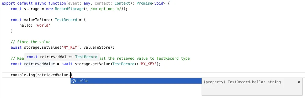 Code snippet showing TypeScript function for storing and retrieving a value with `RecordStorage`, including comments and console log output.