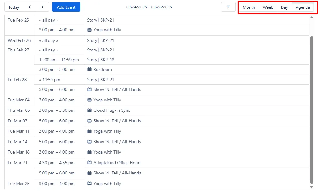Calendar interface showing buttons for Month, Week, Day, and Agenda views