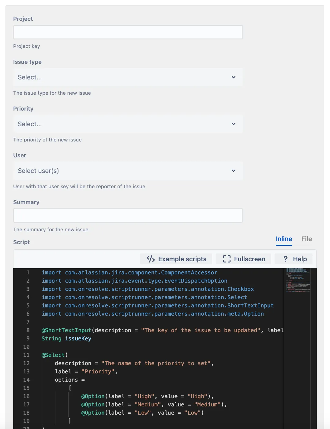 Dynamic form example showing Issue Key, Priority, and Send Email fields used to change an issue's priority.