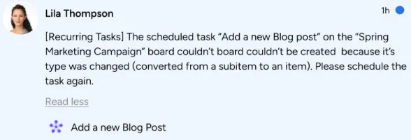 AN example of a notification received via the bell icon.