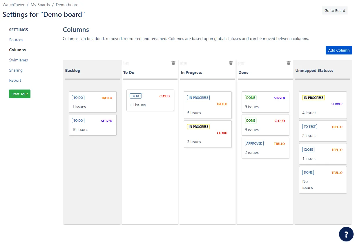 Image of the Settings screen for a demo board