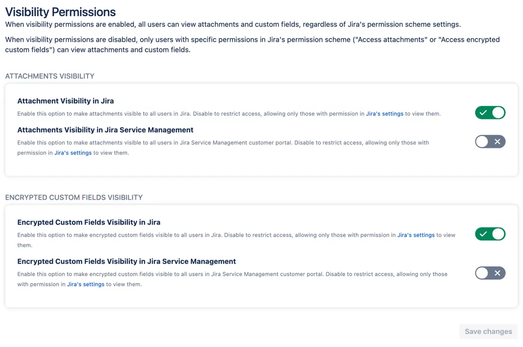 Visibility permissions screen showing green toggles that allow users to see attachments or encrypted custom fields, and gray toggles that restrict visibility to users with access permissions.