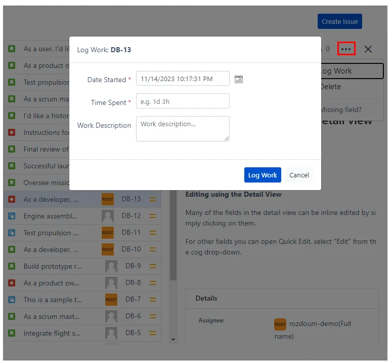 Log Work popup in Task Manager for Confluence showing fields for Date Started and Time Spent