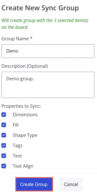 New sync group details page showing selected items and properties to sync before creating the group