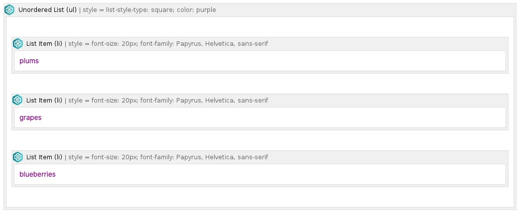 Confluence page showing an unordered list with purple square bullets and Papyrus font list items