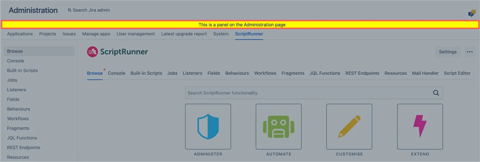 Administration page showing the banner panel location system.admin.decorator.header