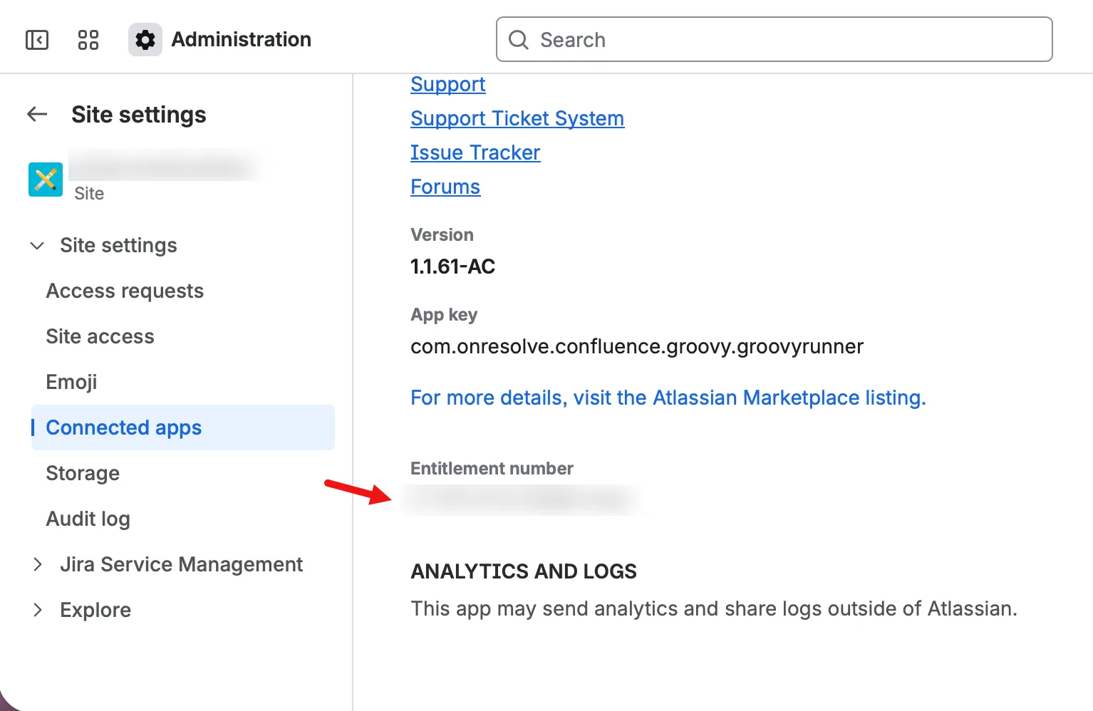 Shows where the Entitlement number is on the page, just before the Analytics and Logs section.