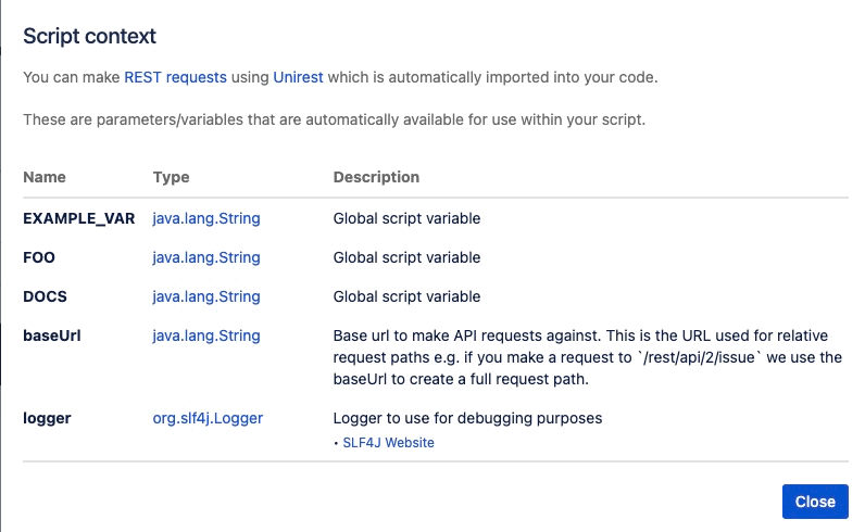 Script context modal listing available parameters and variables, including the EXAMPLE_VAR script variable.