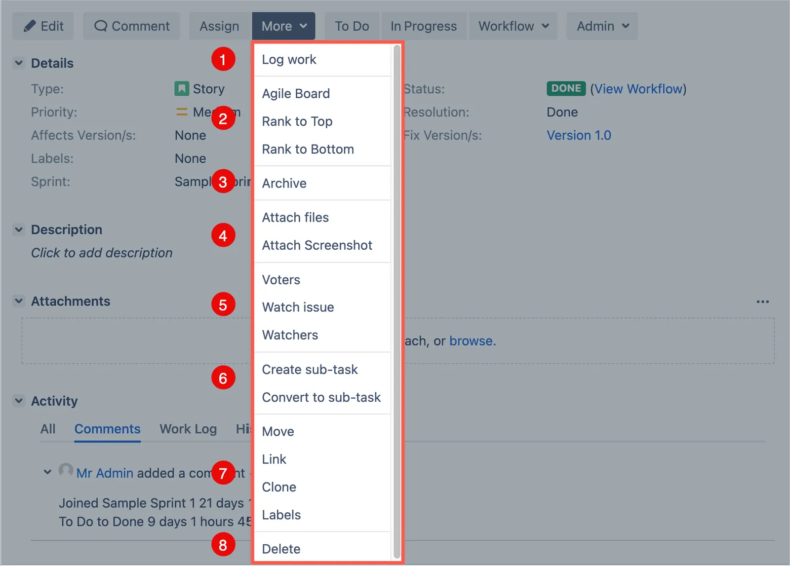 Issue page More menu
