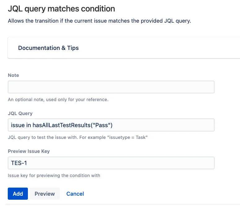 Jira ScriptRunner condition configuration showing the JQL query matches condition with a preview issue key and JQL query fields completed