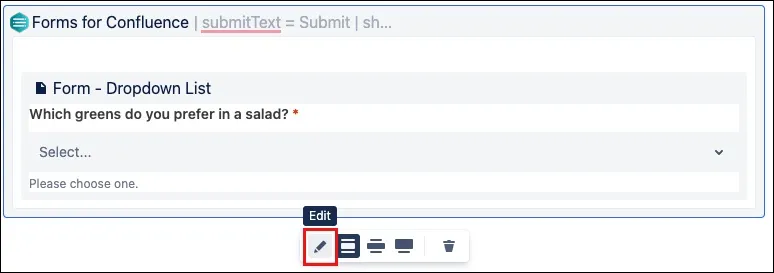 Form builder toolbar with Edit button highlighted for an existing form