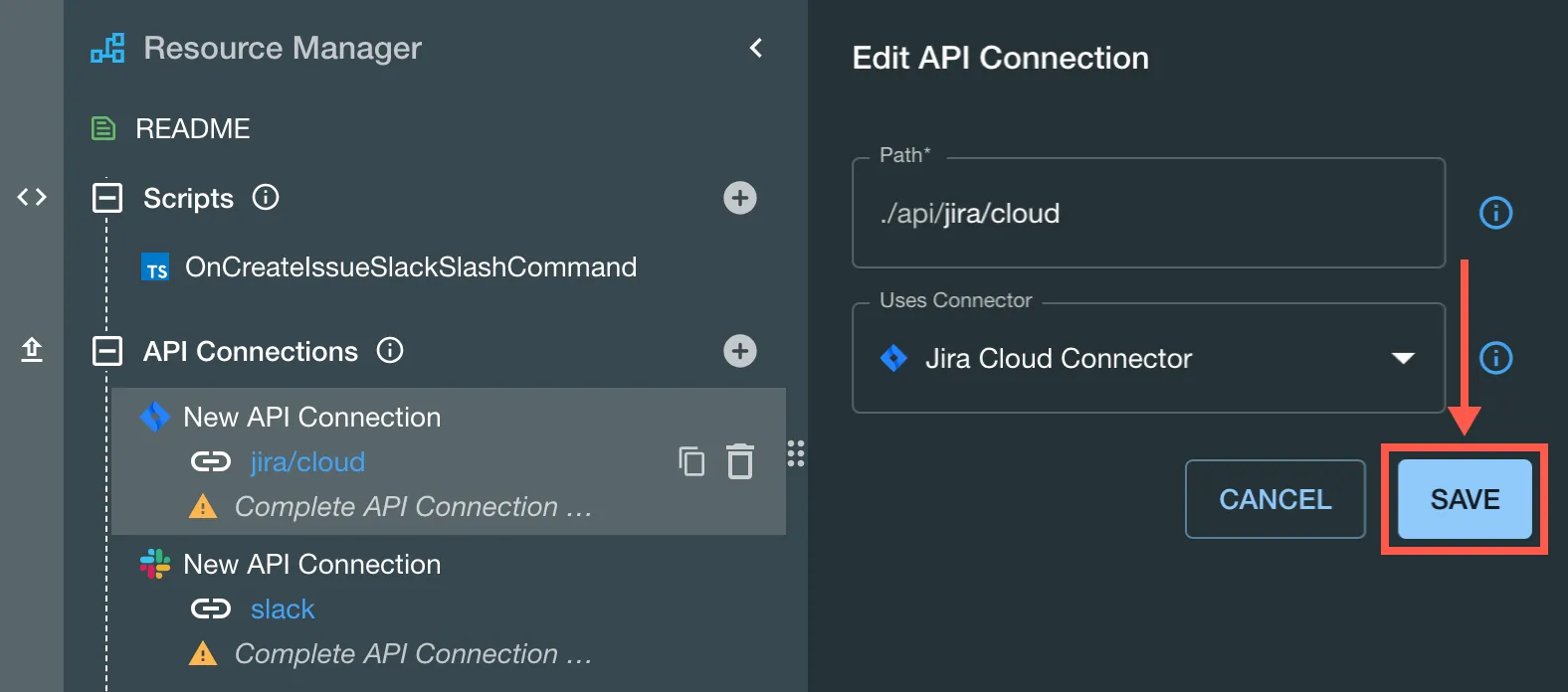 The Save option highlighted in the Edit API Connection dialog.