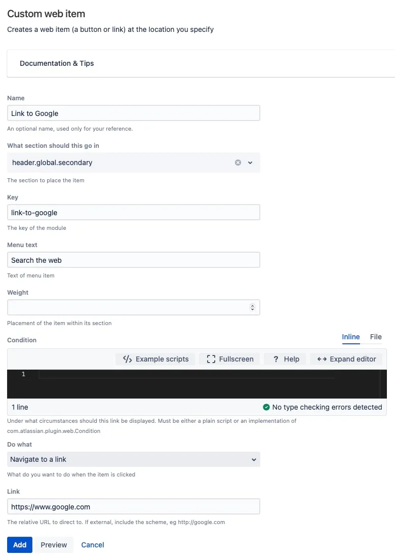 Custom web item form showing fields for Section, Weight, and other link configuration options