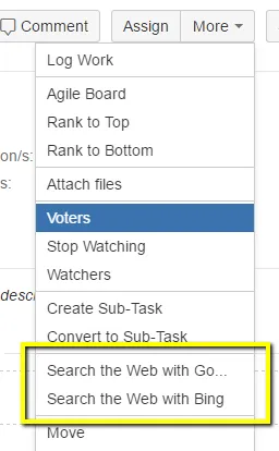 View Issue page showing a More Actions menu with a custom web section containing two grouped web items
