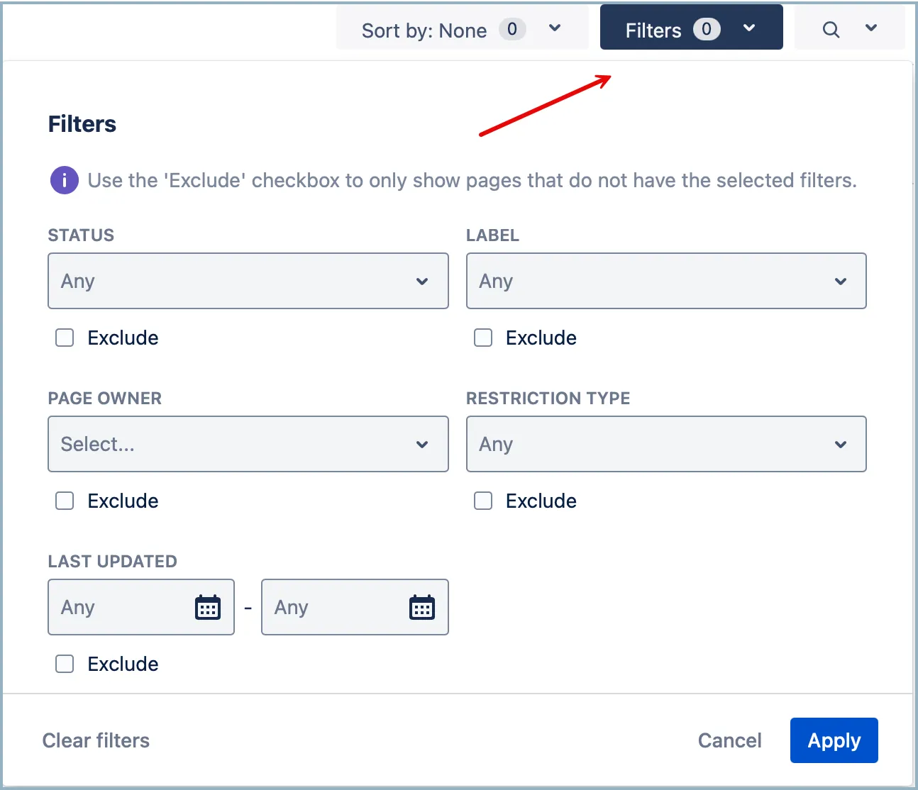 Filters button at the top right of the feature page