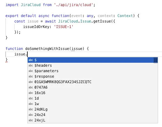 Code snippet showing a TypeScript function importing JiraCloud. It uses asynchronous methods to fetch an issue. Autocomplete suggestions are visible.