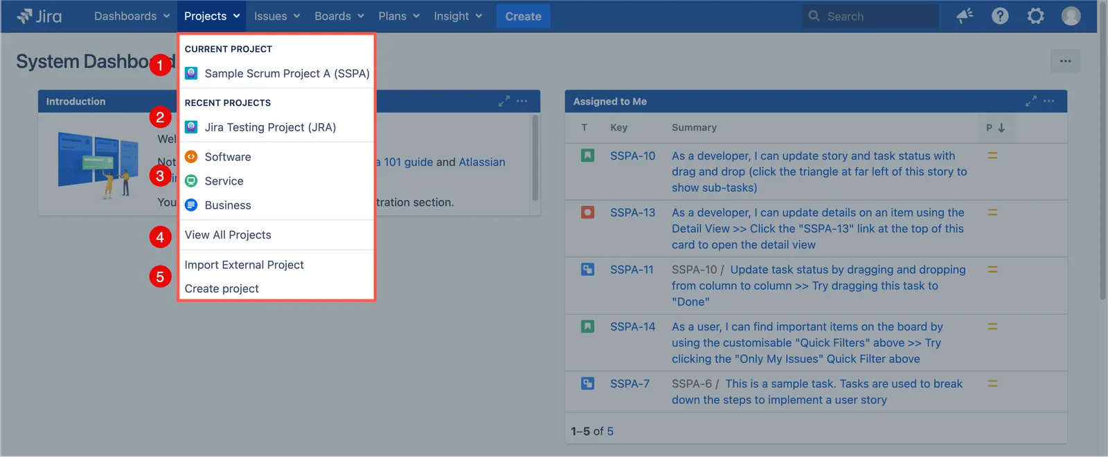 Jira Projects menu showing links for the current project, recently viewed projects, project types, all projects, and create project