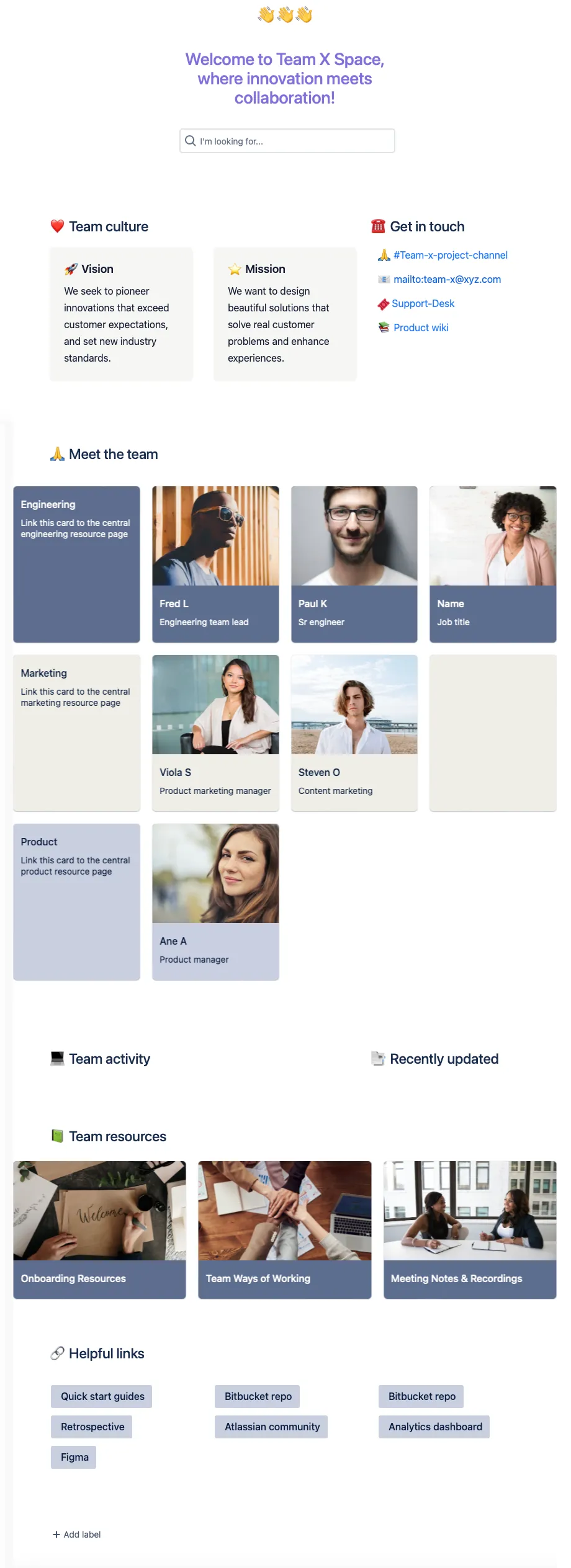 Published Team Homepage template