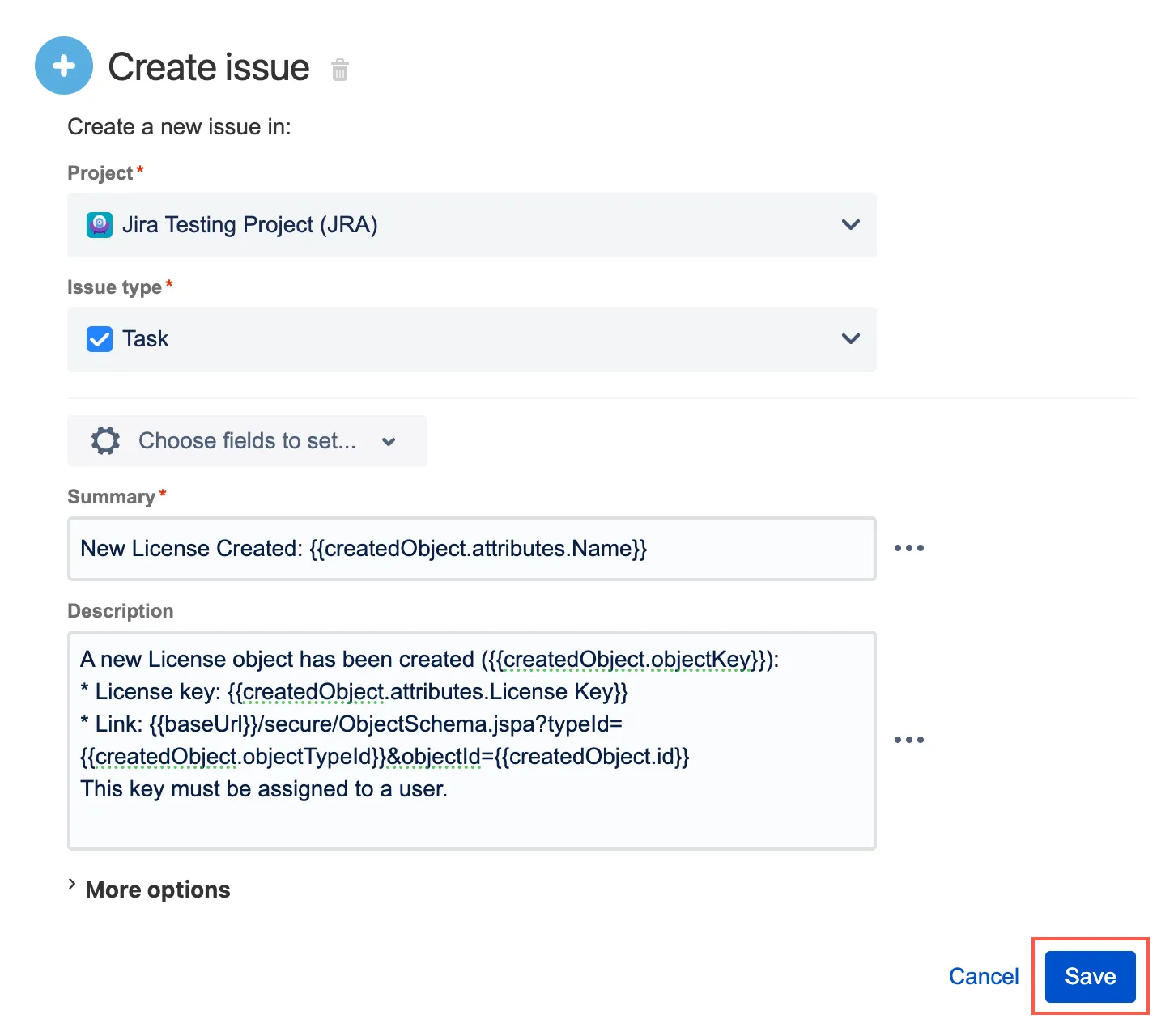 Jira Create issue action configuration screen showing New License Created summary and description fields populated for the automation rule