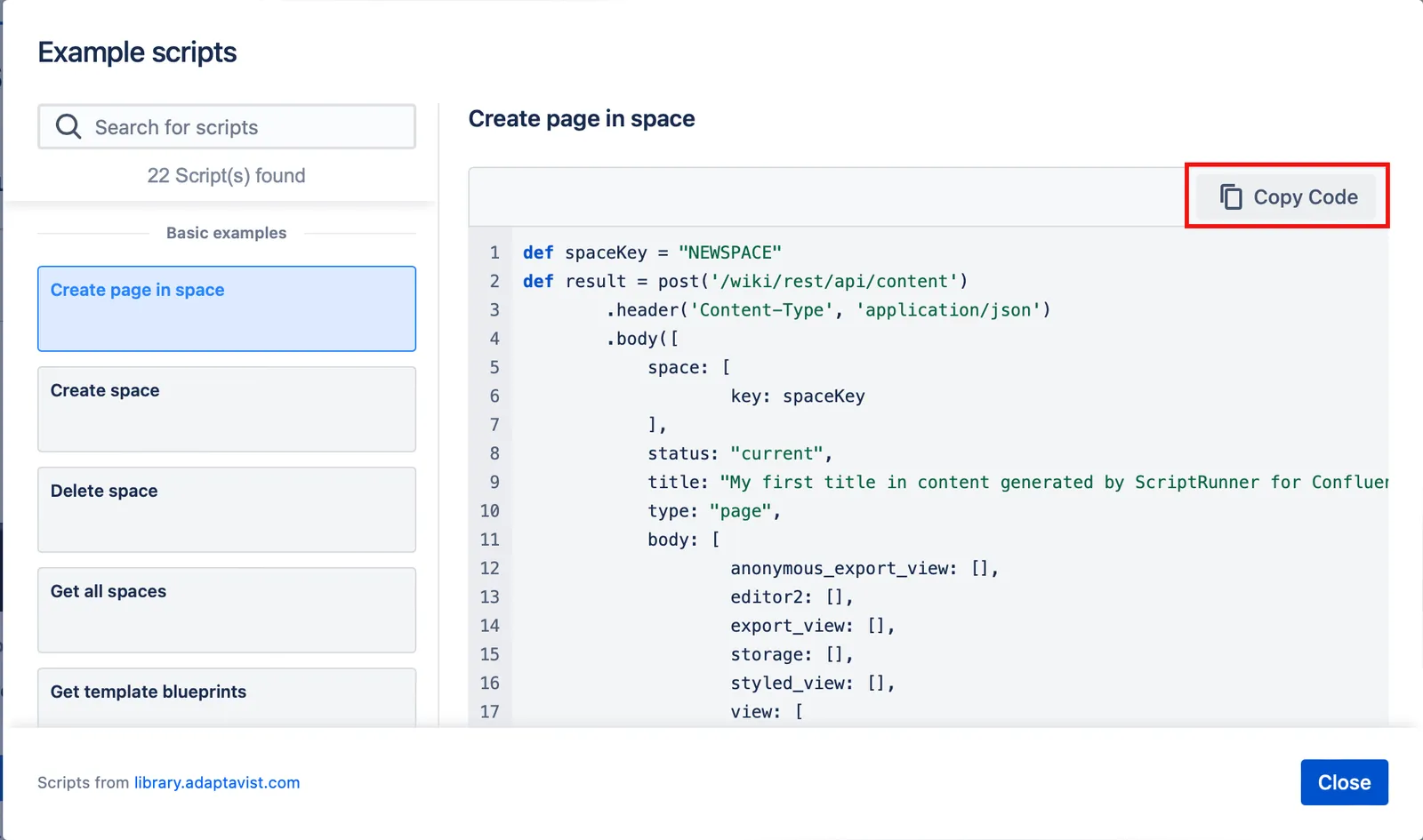 The Copy Code option highlighted in the Example scripts modal.