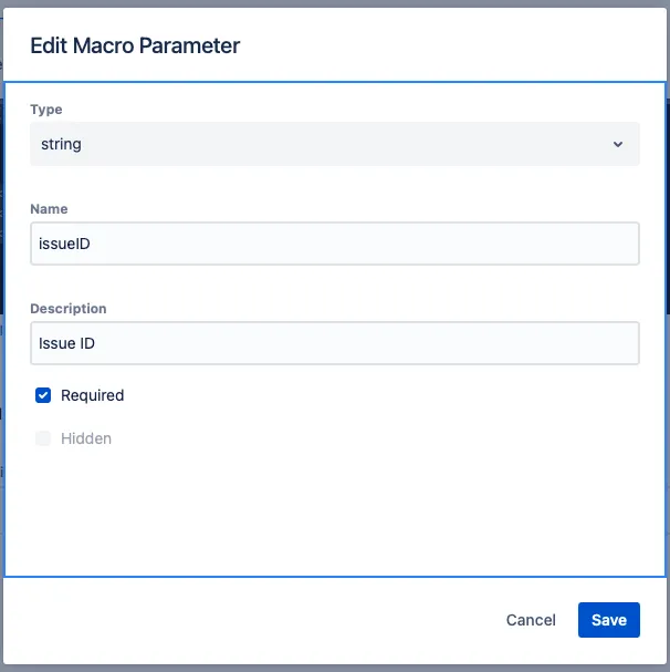 The Edit Macro Parameter screen with the specified details.