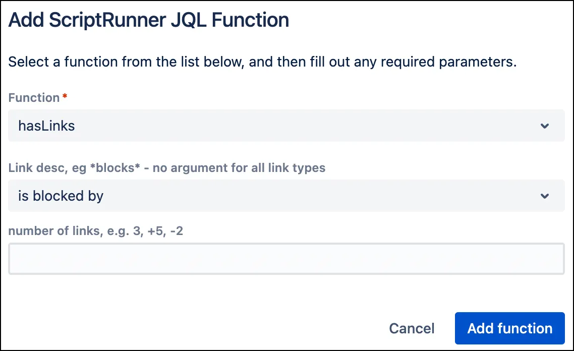 Add JQL function dialog for ScriptRunner search