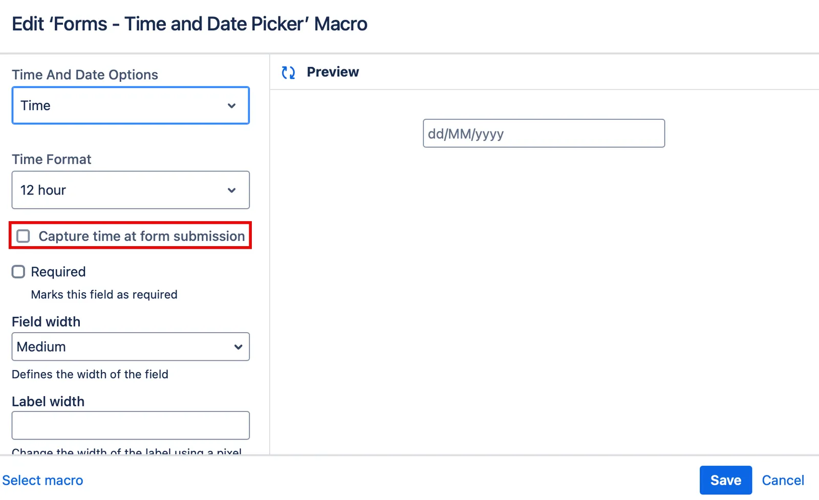 Capture time at form submission checkbox option in the form settings