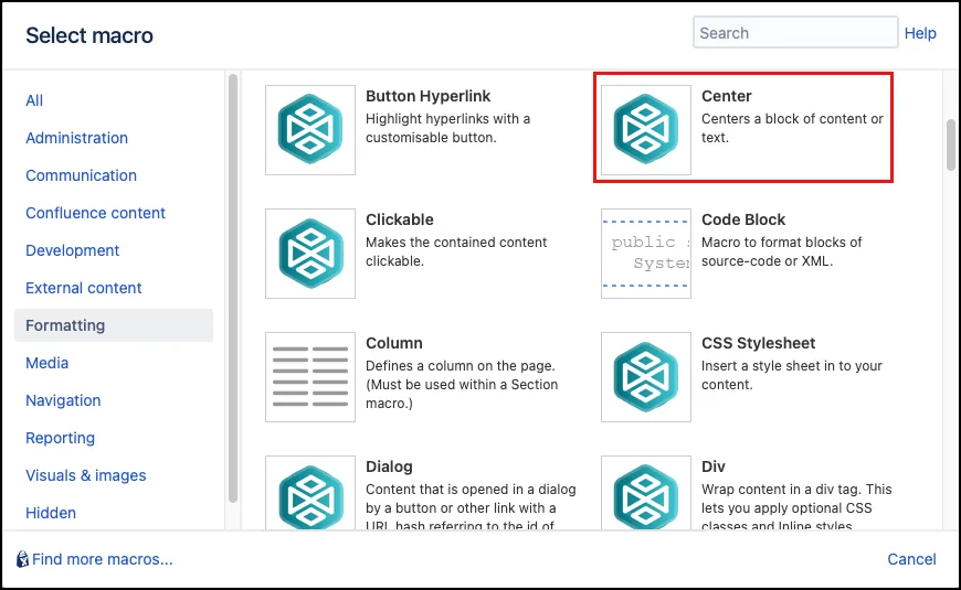 Macro Browser showing the Center macro selected
