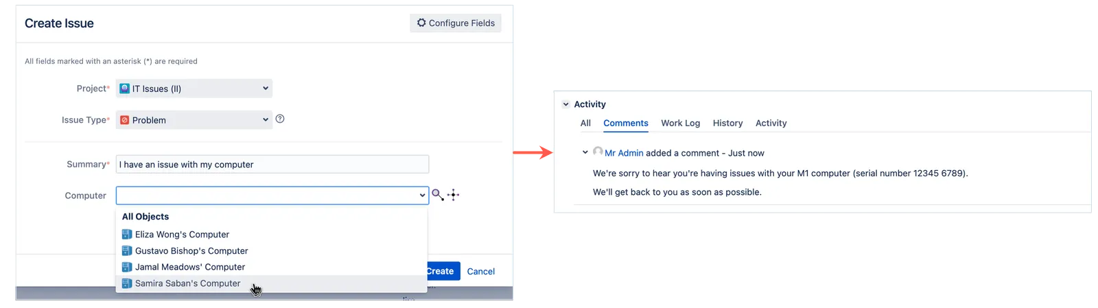 Issue view showing an automation-generated comment that includes the computer model and serial number from the Computer asset field