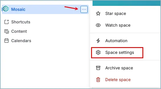 Space settings menu showing the option to open Space settings for the selected space