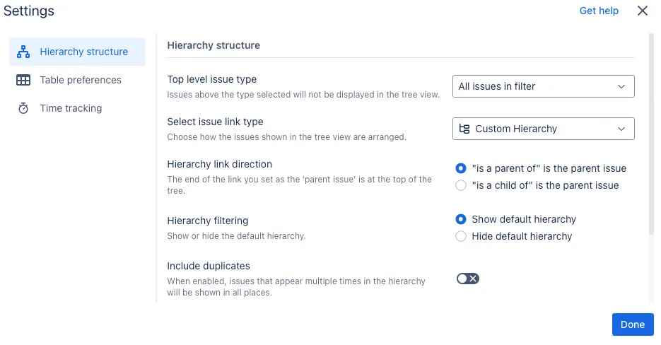 A screenshot showing the Hierarchy structure options in the Settings modal window.